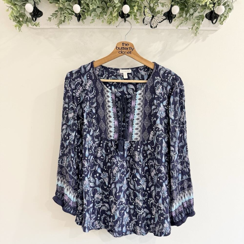Garnet Hill Boho Border Print Blouse Blue Paisley Long Sleeve Size 12 SS4689
